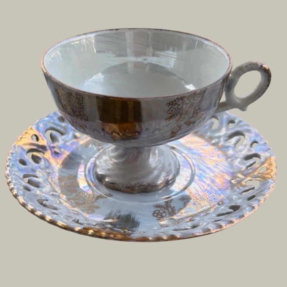 Vintage Iridescent Lusterware Footed Teacup and Pierced Reticulated Saucer Set